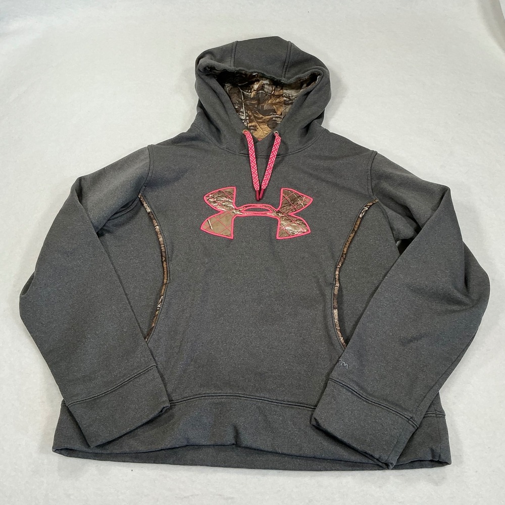 Under Armour Storm Hoodie Womens Large Gray Camo Pink Logo Pullover Fleece 1737